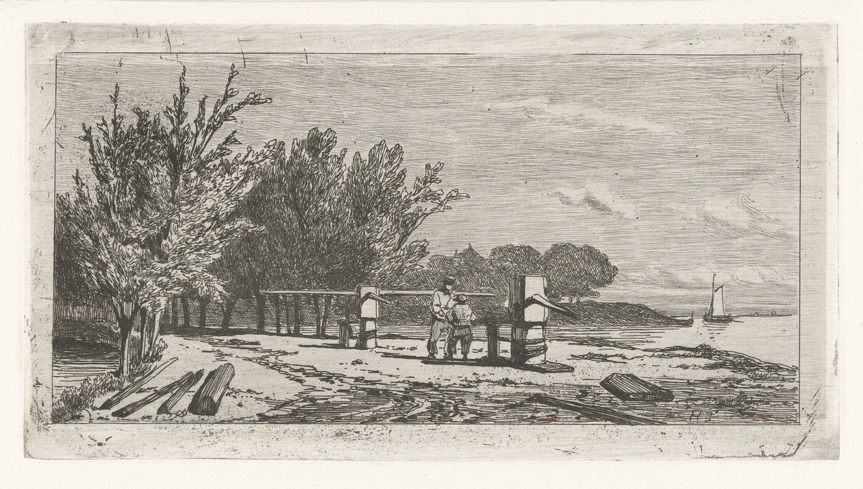 Man and Boy Along the Riverbank by Lambertus  Hardenberg