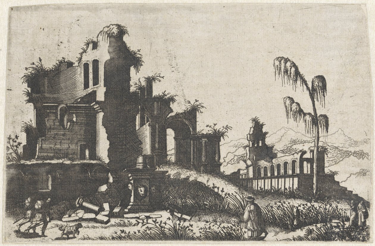 Landscape with Overgrown Ruins and Travelers by Lambertus Suavius