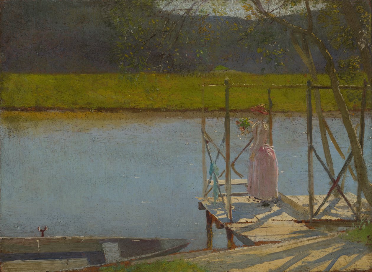 Woman beside a boat by Laszlo Mednyanszky