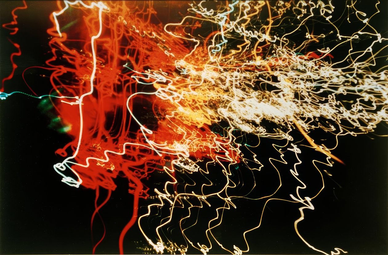 Untitled (Auto headlights white, orange and red, traffic squiggles) by Laszlo Moholy Nagy