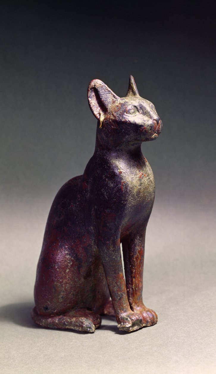 Statuette of a cat with gold earrings, the sacred representation of the goddess Bastet, c.664-630BC by Late Period Egyptian