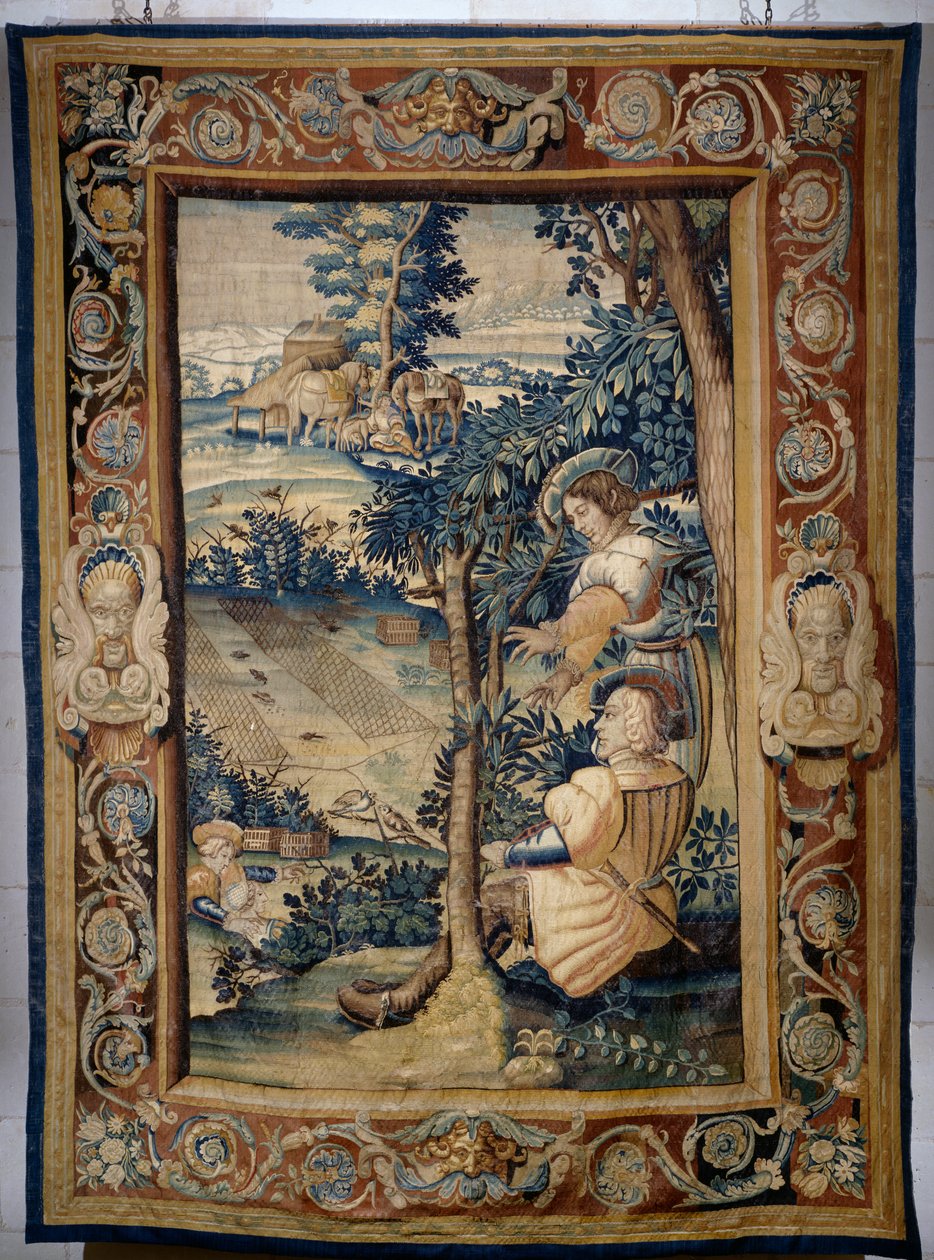 Bird hunting with net, tapestry from series Hunts of Francis I by Laurent Guyot
