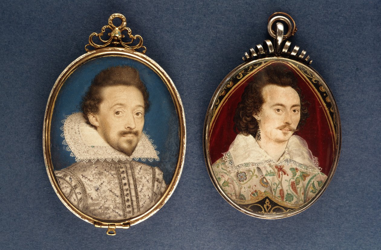 Left: Portrait of a young man by Lawrence Hilliard, c.1620. Right: Portrait of a young man by Nicholas Hilliard (1547-1619), c.1585 by Lawrence Hilliard