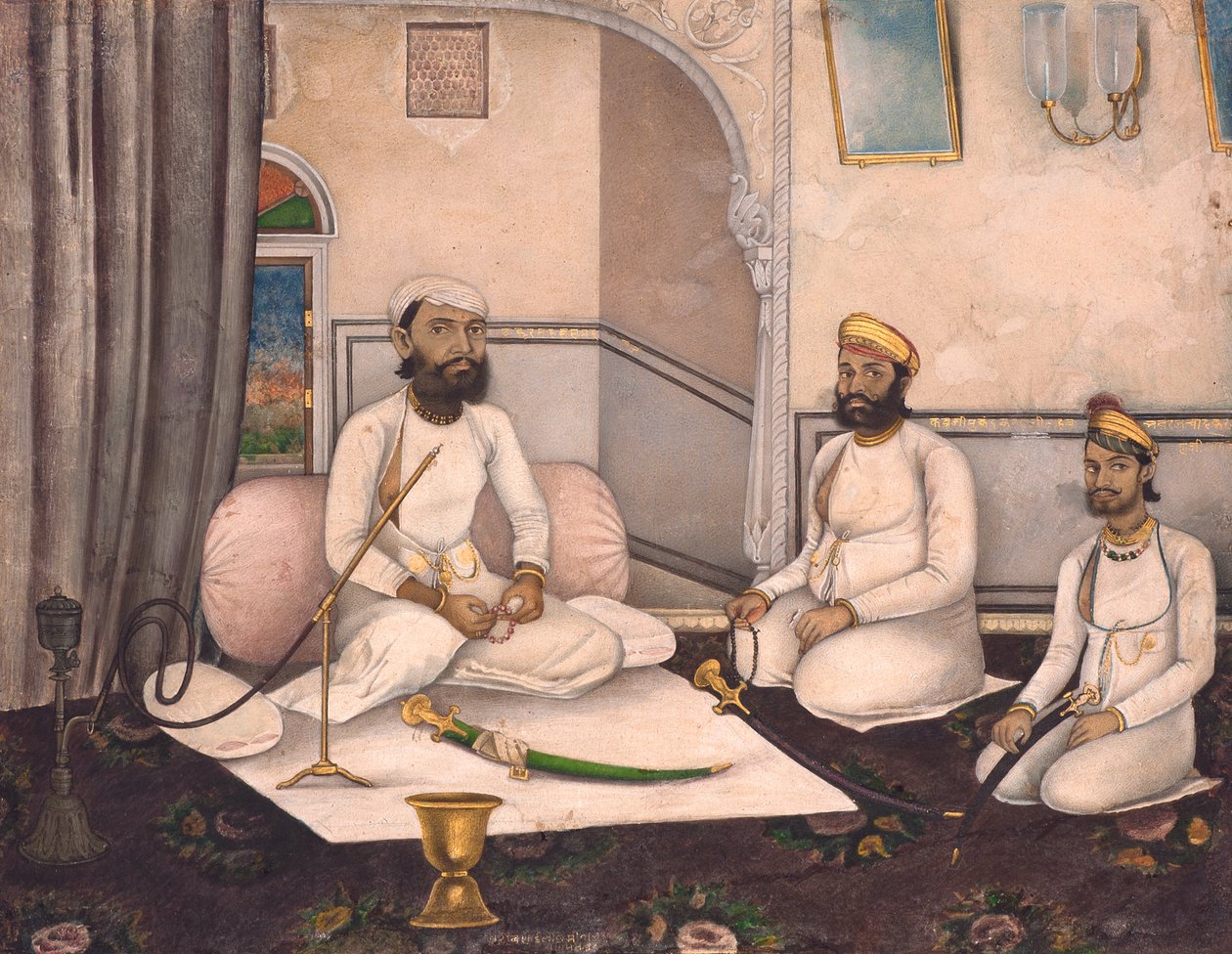 Thakur Sahab Samadr Karanji with Kabraji Mukandra Karanji Sahab and Bhao Raj Cha, c.1875 by Laxmi Narayan