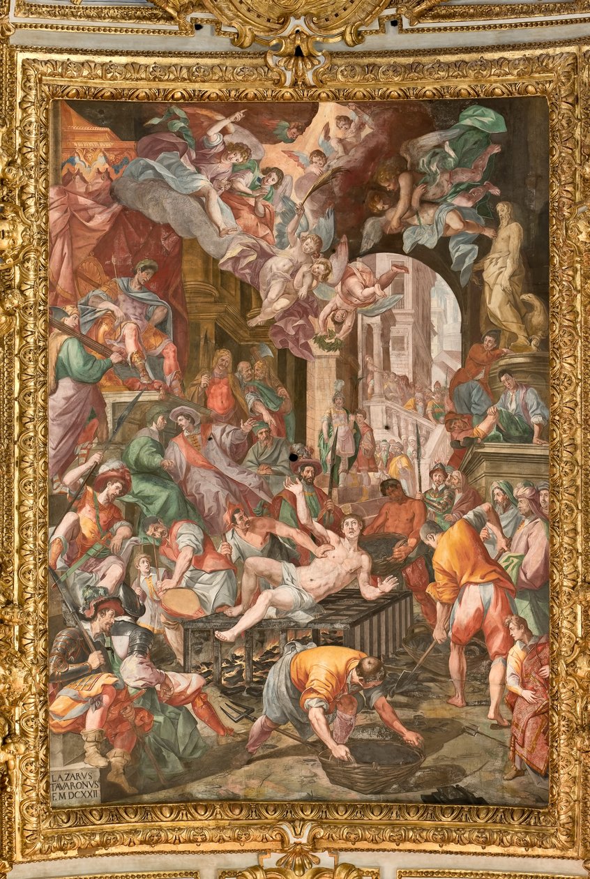 Genoa, Duomo (St Lawrence Cathedral), inside, the presbytery vault: "The Martyrdom of St Lawrence" by Lazzaro Tavarone