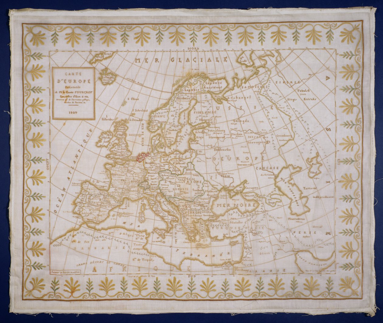 Sampler showing a map of Europe sewn by Fanny Le Gay, presented to M. le Comte Fourgroy by Le Gay