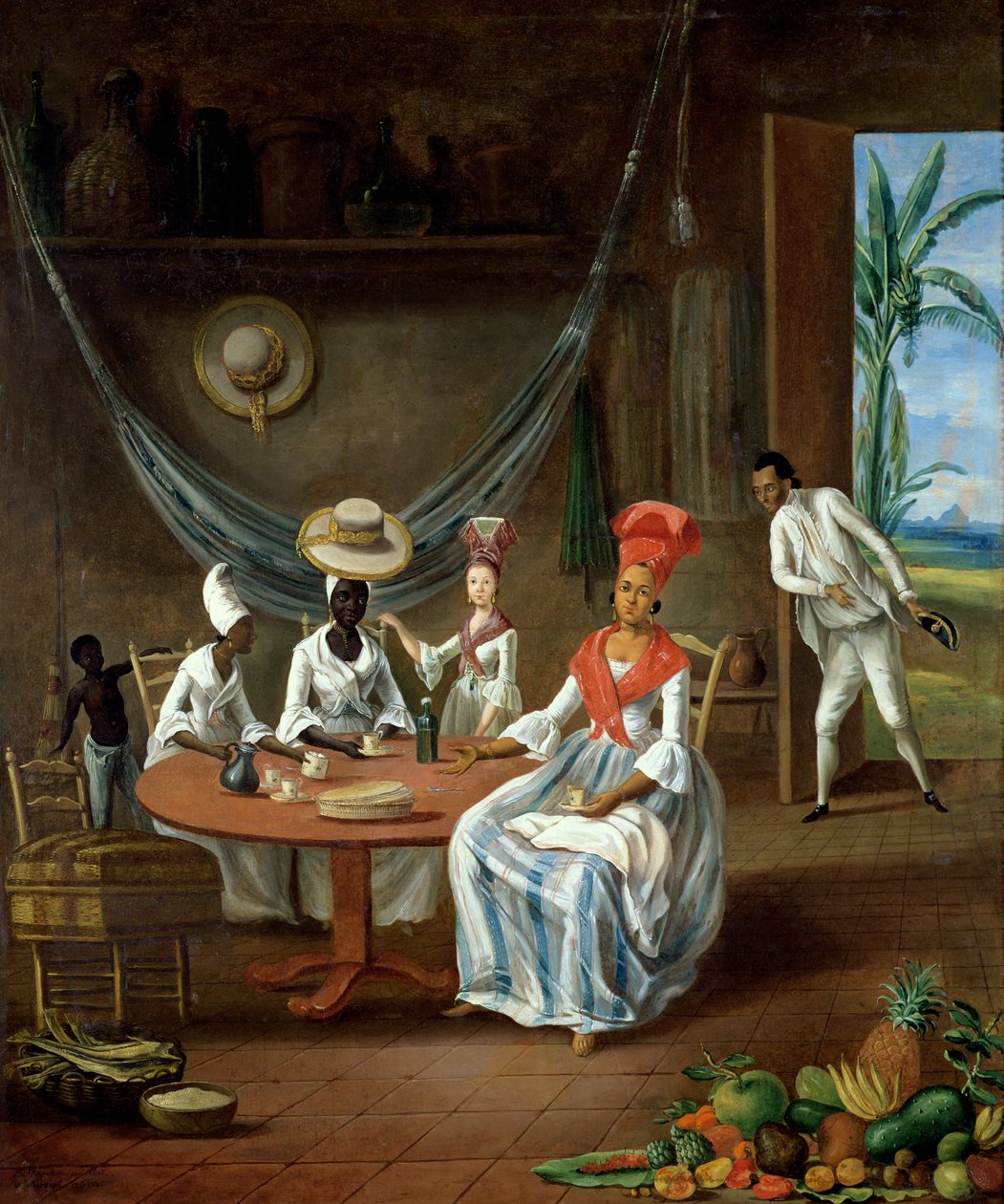 A Mulatto Woman with her White Daughter Visited by Black Women in their House in Martinique, 1775 by Le Masurier