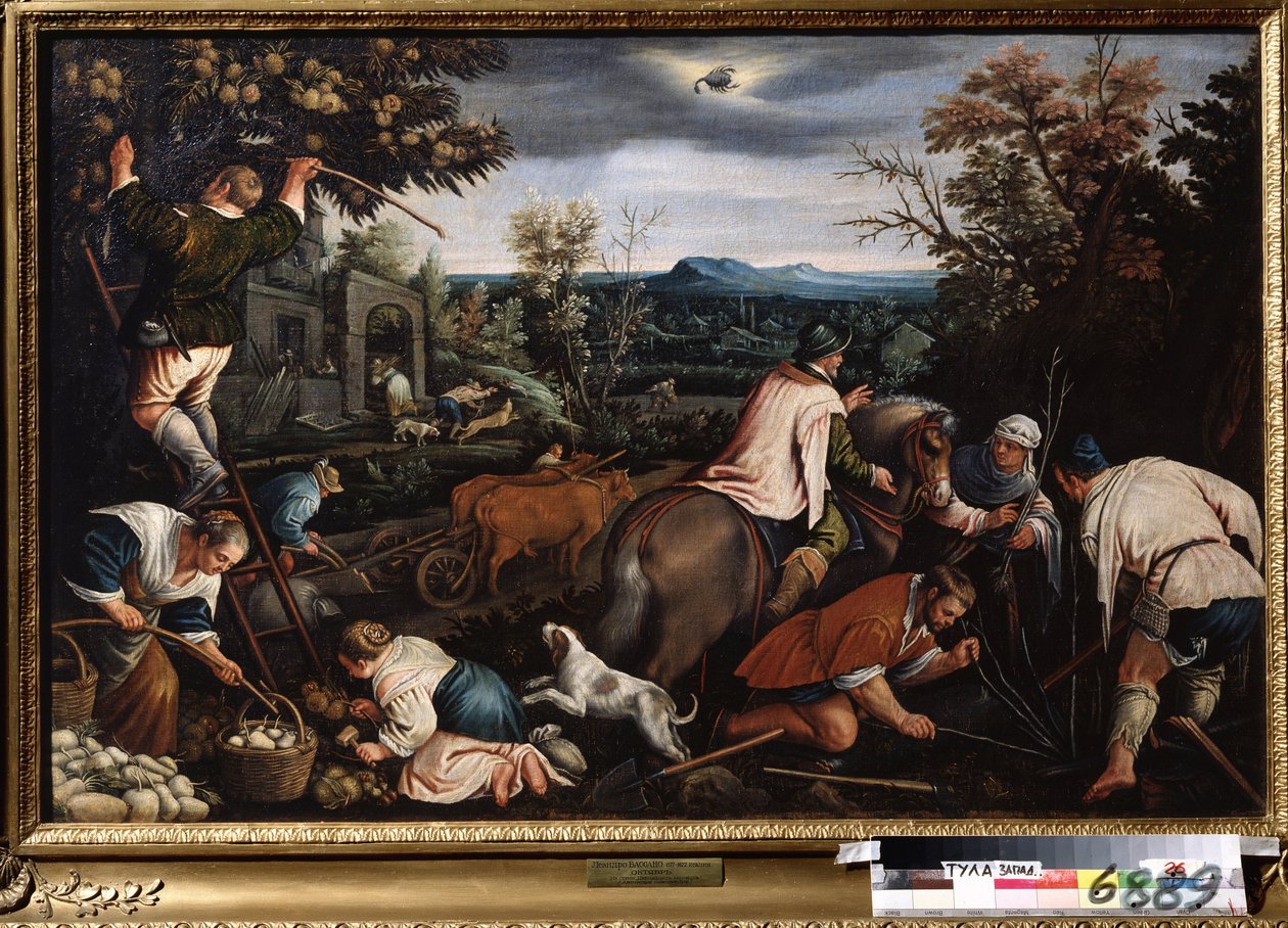 October (Field Work. Peasants Planting Trees. Symbol of the Scorpio in ...