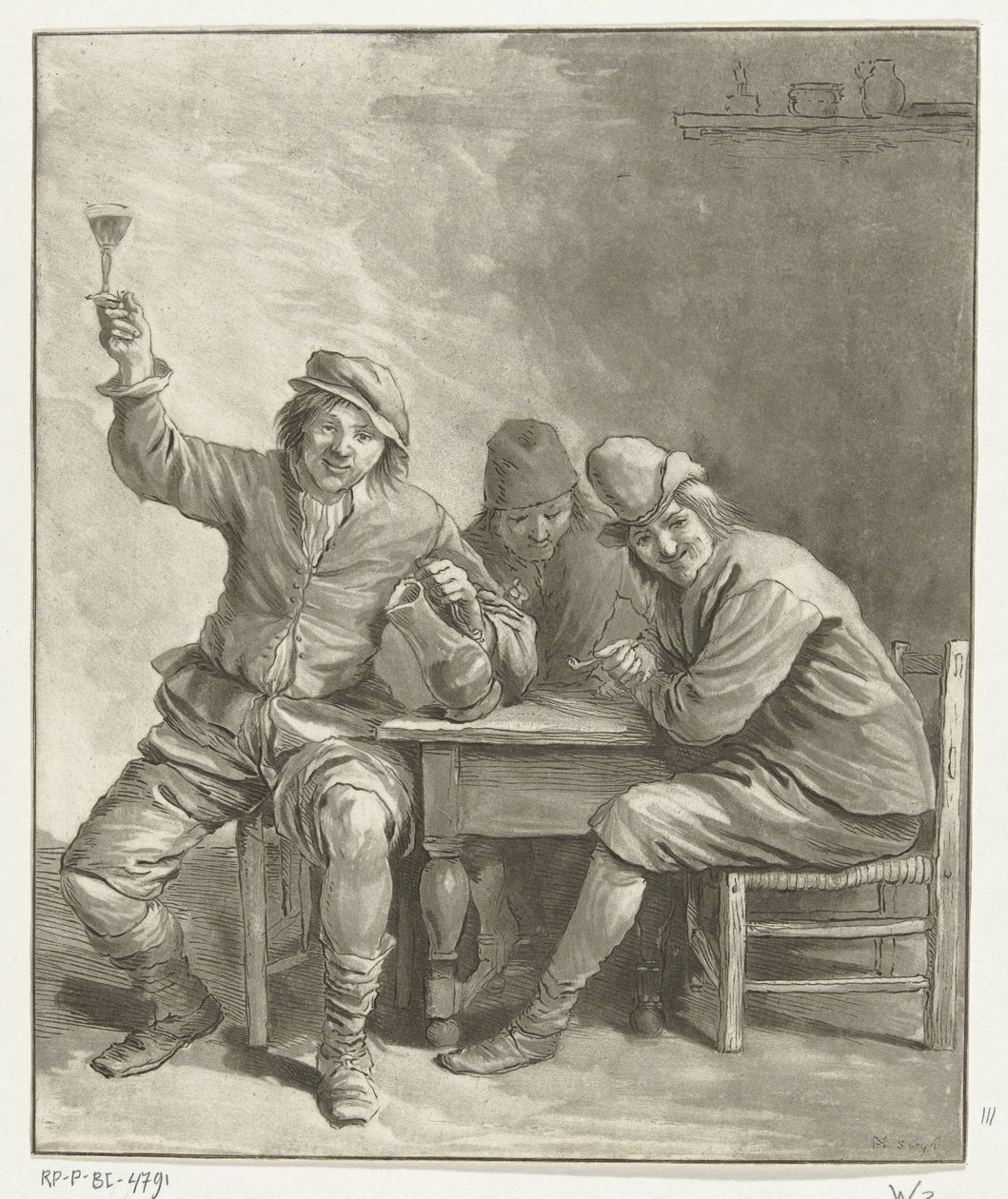 Three Men Smoking and Drinking at a Table by Leendert Brasser (signed by artist)
