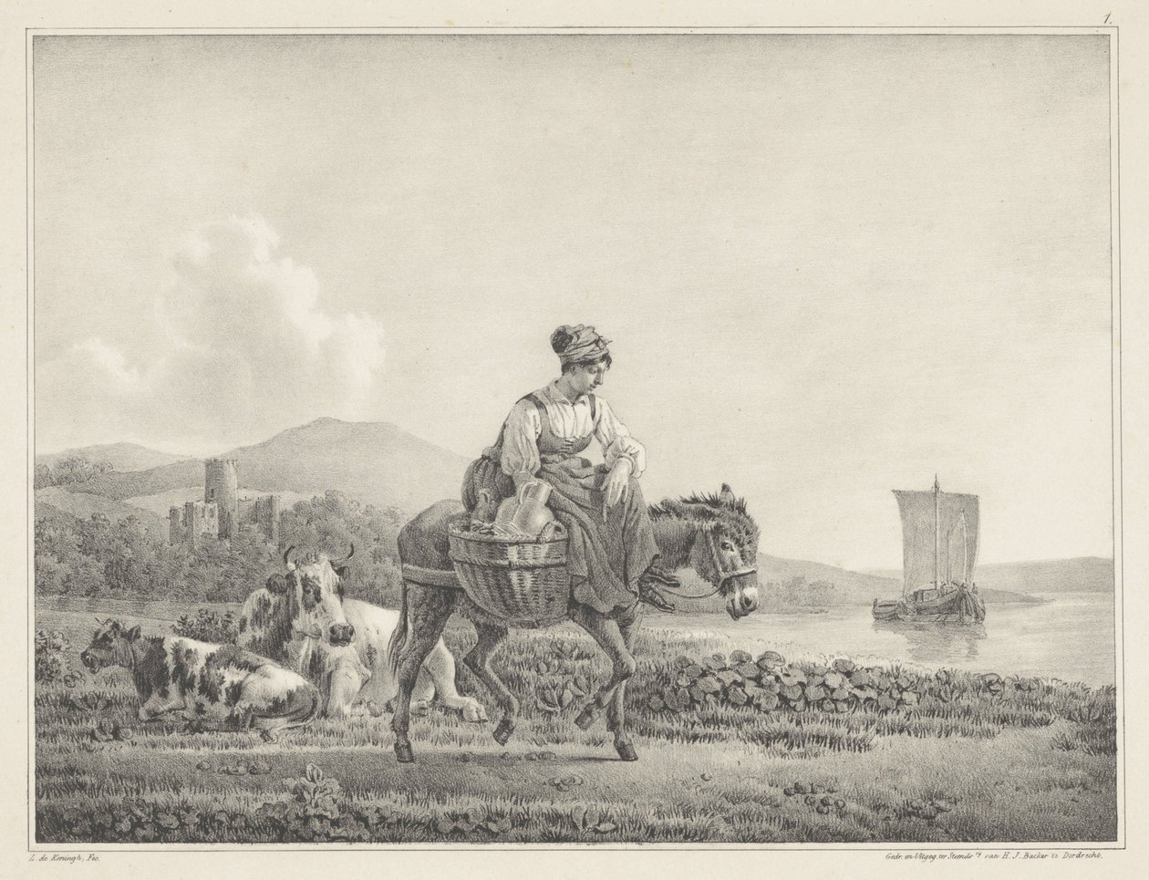 Woman on a Donkey in a Landscape (series title: Six Stone Drawings by L. de Koningh) by Leendert de Koningh