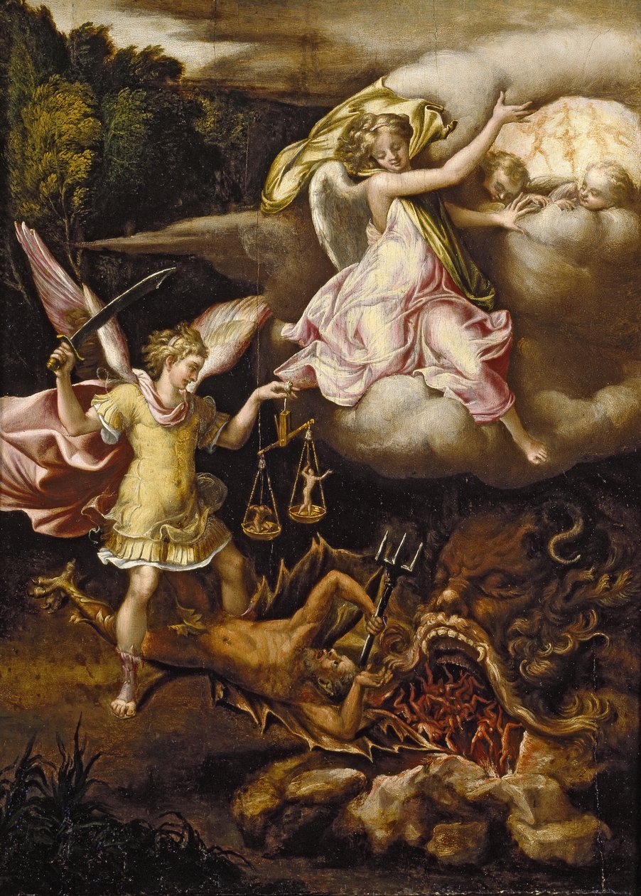 St Michael subduing Satan and weighing the Souls of the Dead, c. 1540 ...
