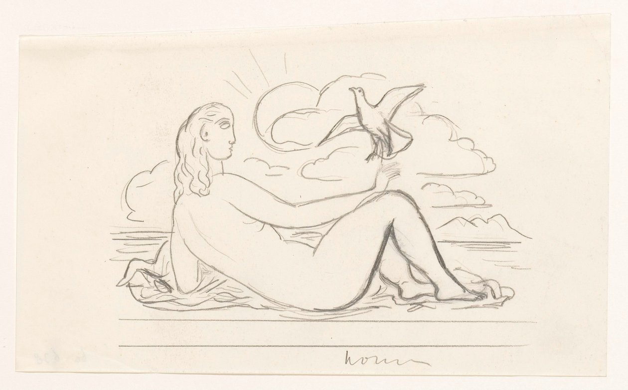 Reclining Female Nude on the Beach and a Seagull by Leo Gestel