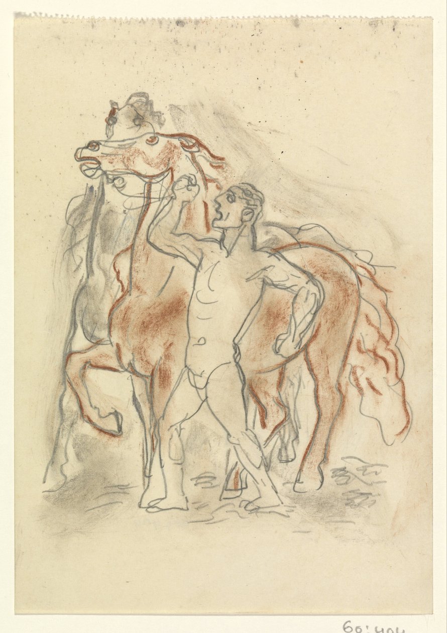Naked Man Holding Two Horses by Leo Gestel