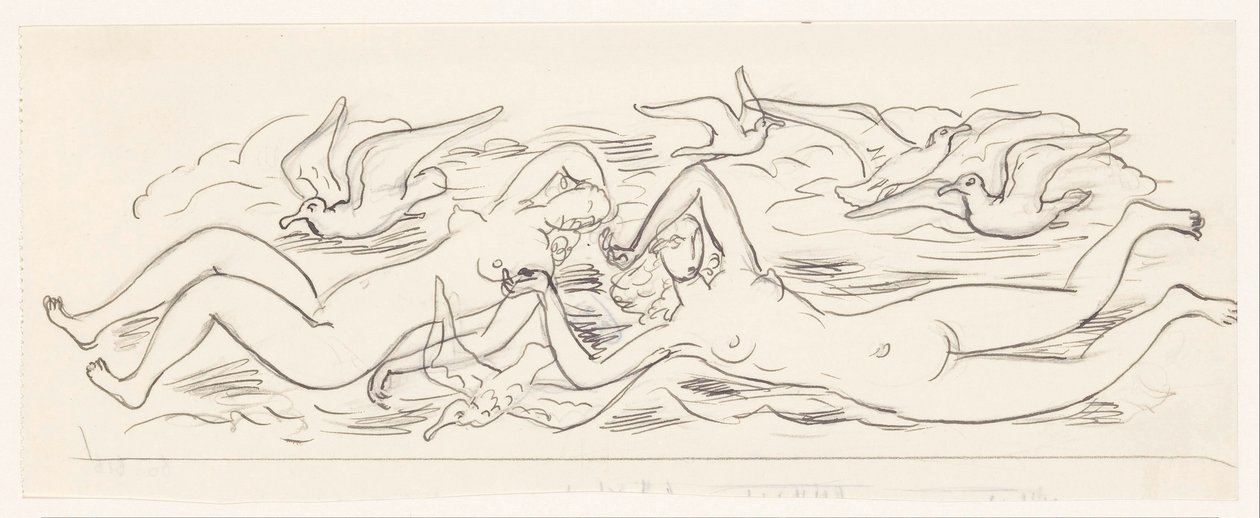 Two Naked Swimming Women and Five Seagulls by Leo Gestel