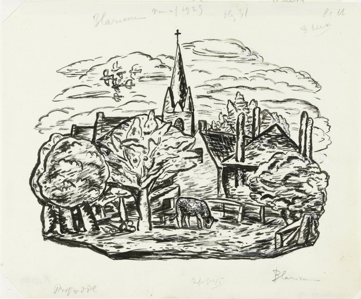 Vignette for Biography of Gestel by Prof. W. van der Pluym (View of Village Blaricum with Grazing Cow) by Leo Gestel
