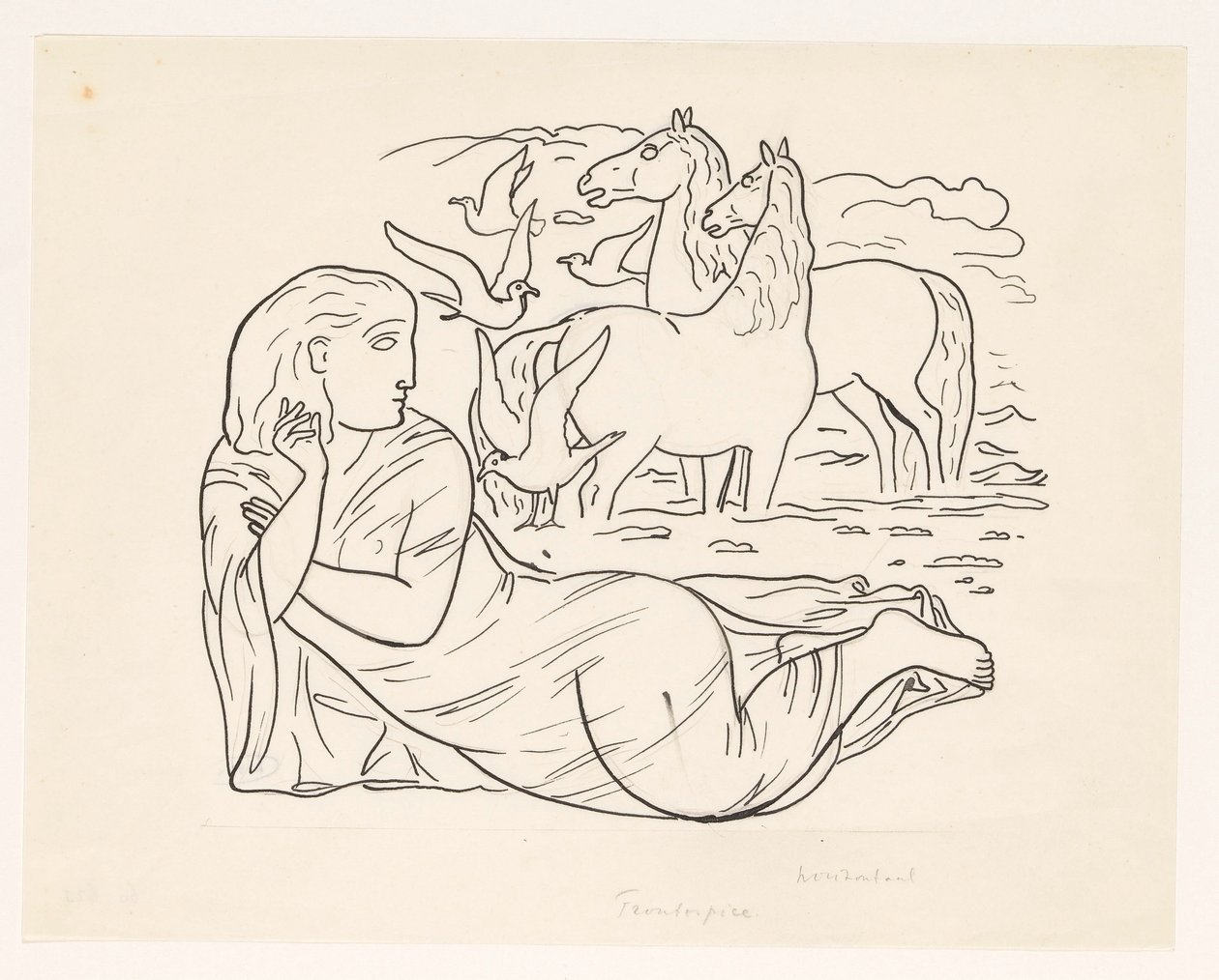 Woman Lying on the Beach with Two Horses and Some Seagulls by Leo Gestel