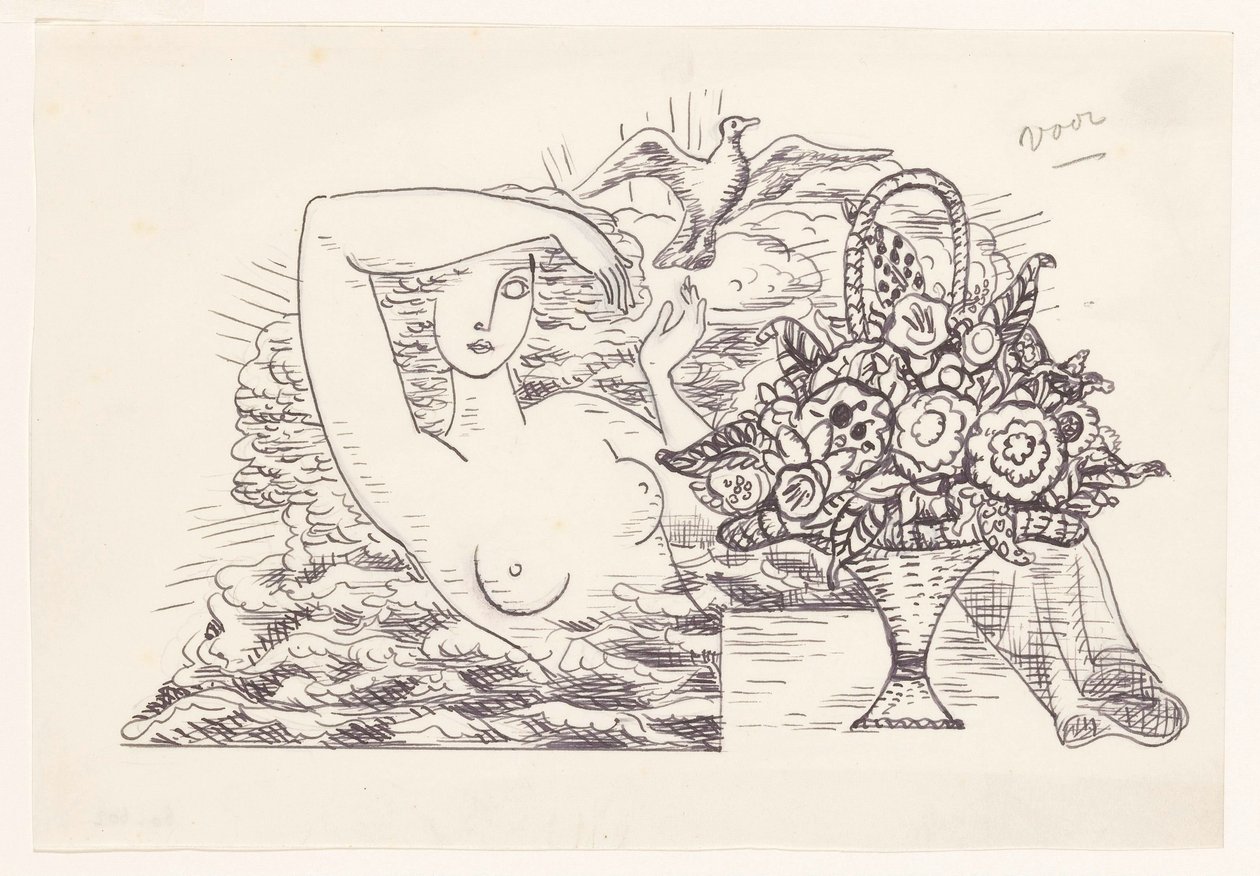 Female Nude in the Waves Releasing a Bird, with a Basket of Flowers in the Foreground by Leo Gestel
