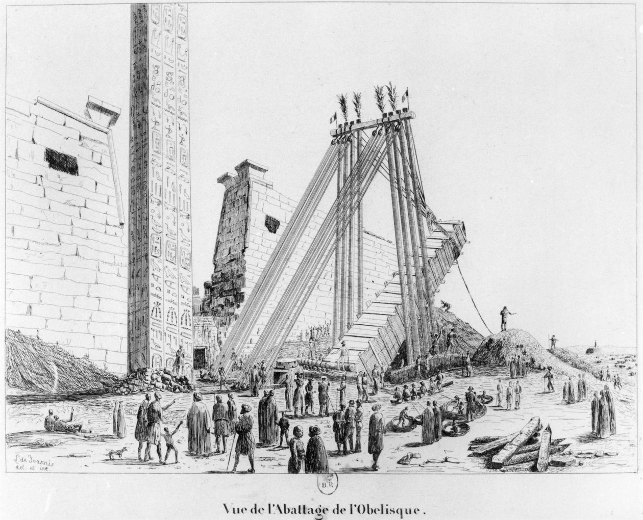 Pulling down the obelisk from Luxor Temple, from Campagne Pittoresque de Luxor, 1835 by Leon de Joannis