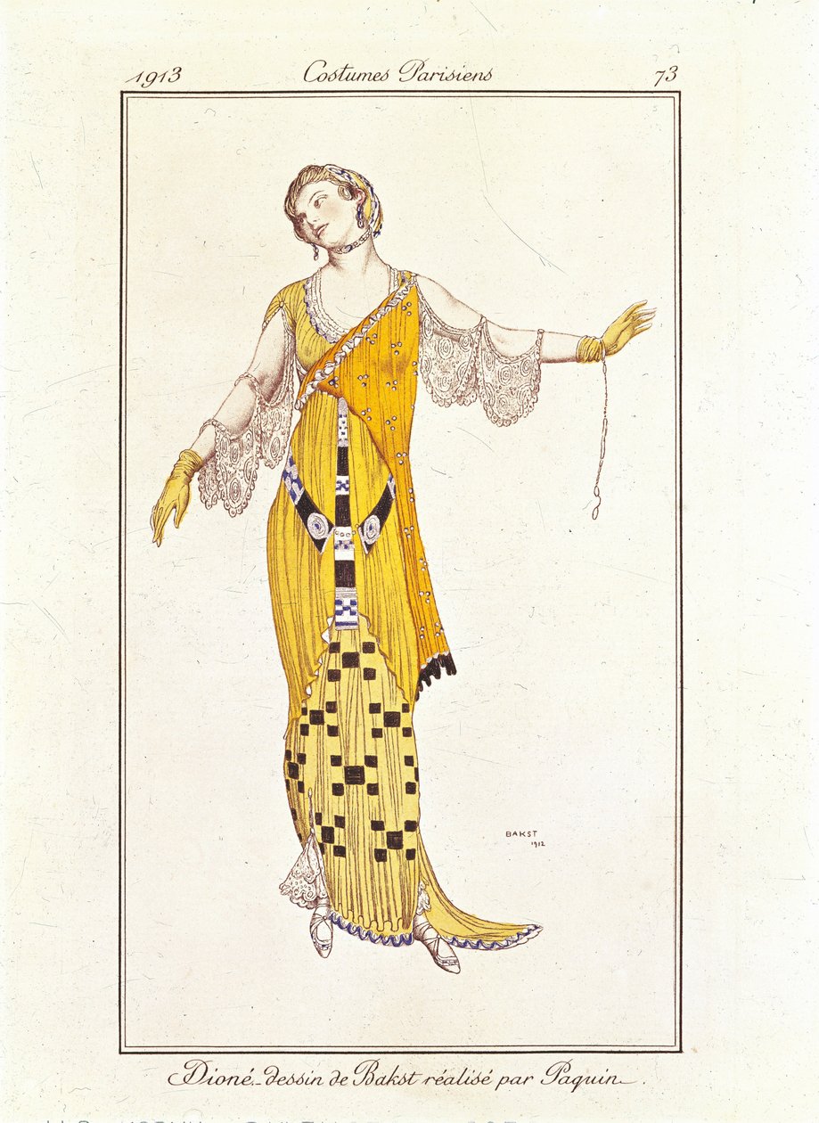 Dioné, Drawing by Bakst Made by Jeanne Paquin. Costumes Parisiens No.73 by Leon Bakst