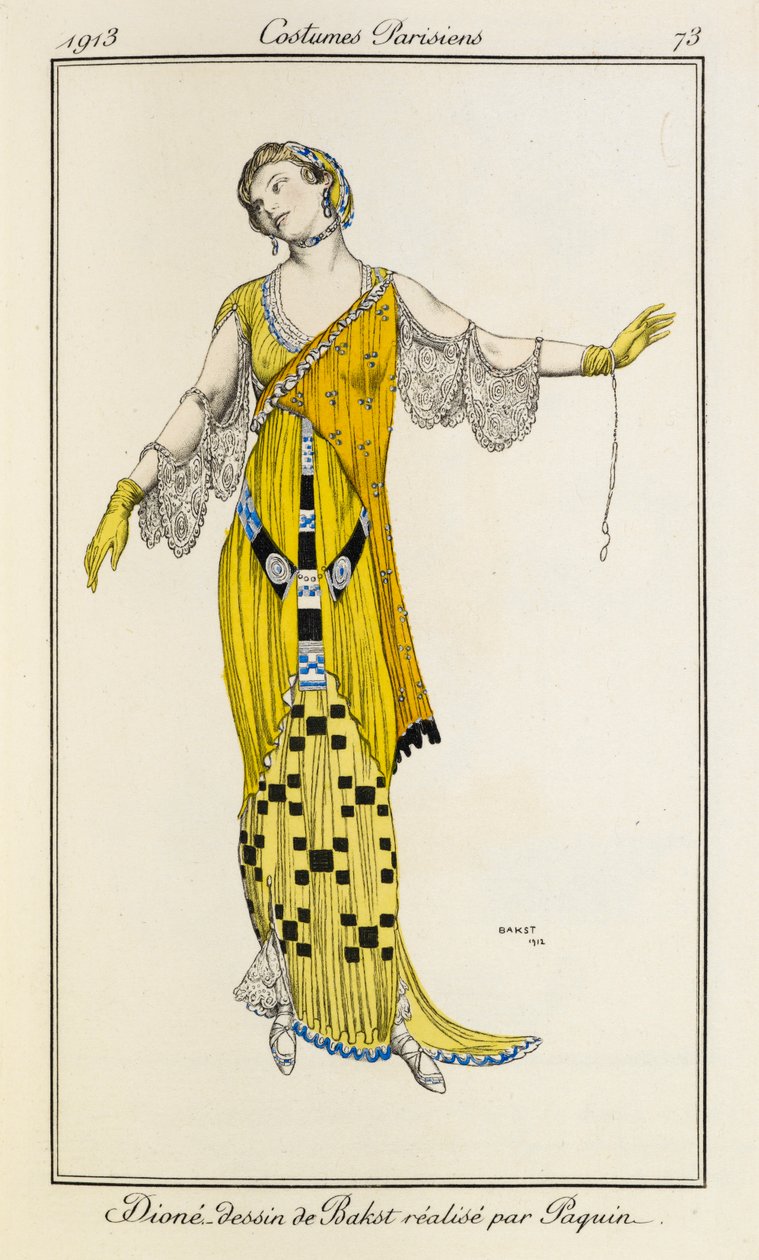 Dioné, drawing by Bakst made by Jeanne Paquin. Costumes Parisiens no.73 by Leon Bakst