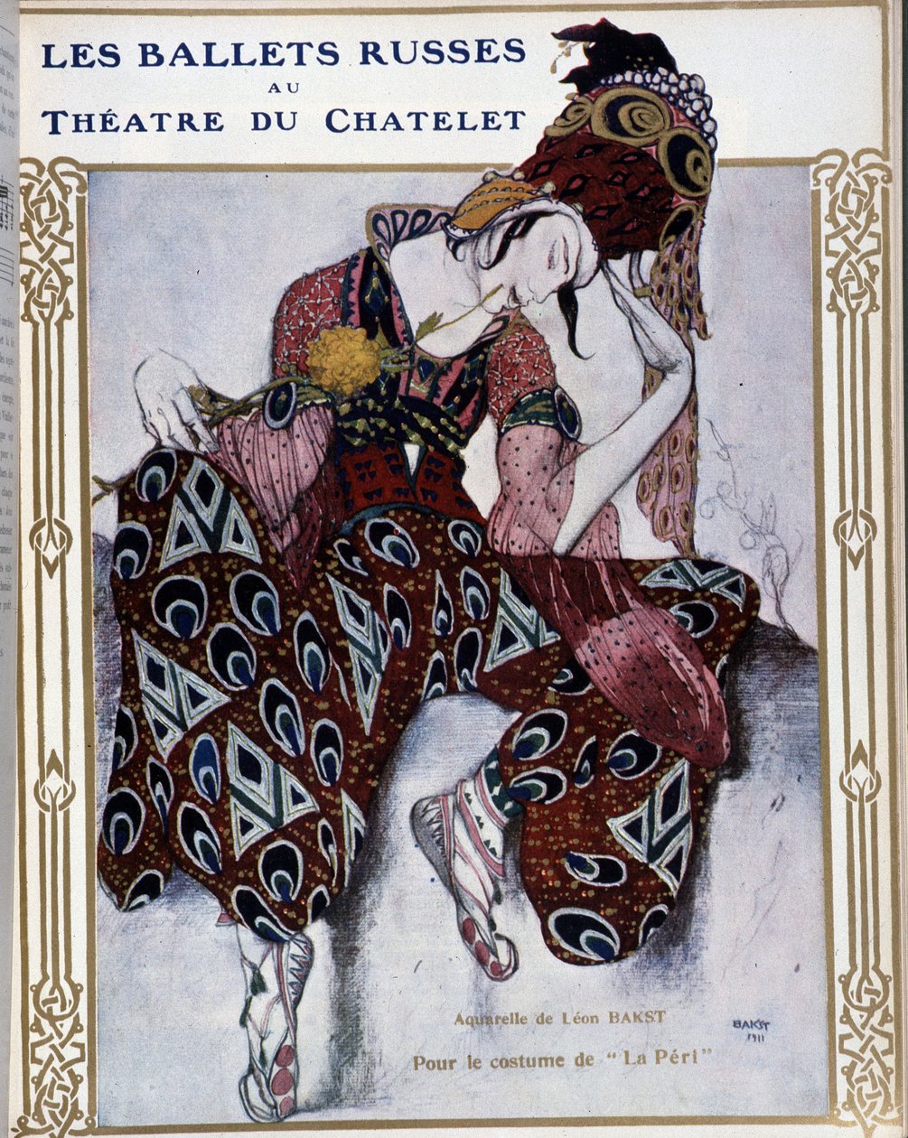 Les Ballets Russians au theatre du Chatelet: costume for "La Peri" - watercolor by Bakst, cov. in "Comoedia illustrated" by Leon Bakst