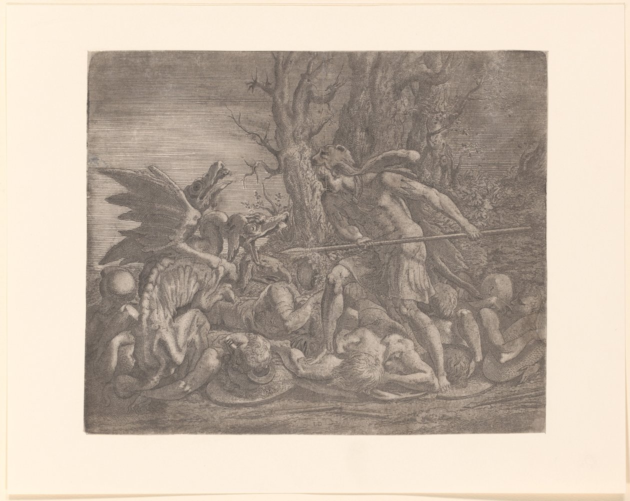 Young Man with Lion Skin Over His Head, Possibly Cadmus, Fighting a Dragon by Leon Davent