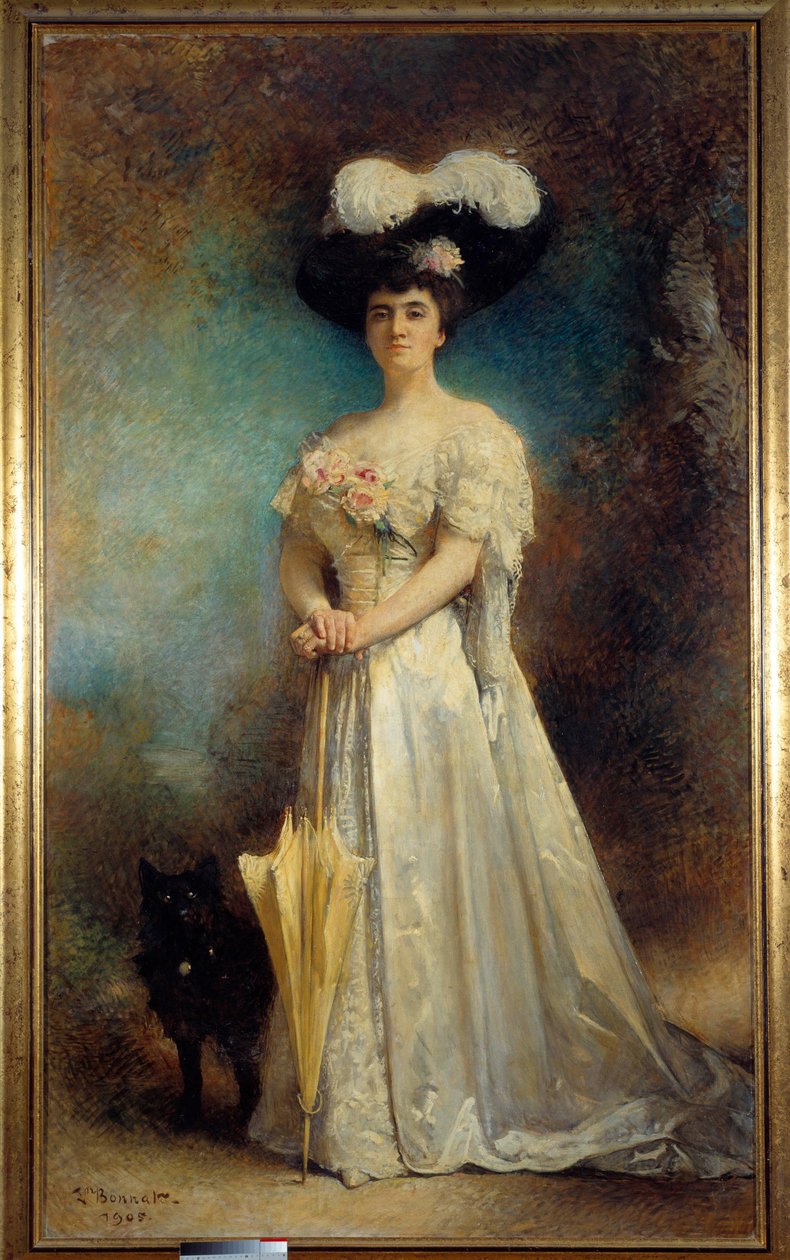 Full-length portrait of Madame Maurice Pascal and her dog, Tiny. Painting by Leon Joseph Bonnat (1833-1922) 1905. Pau, Musee des Beaux Arts by Leon Joseph Florentin Bonnat
