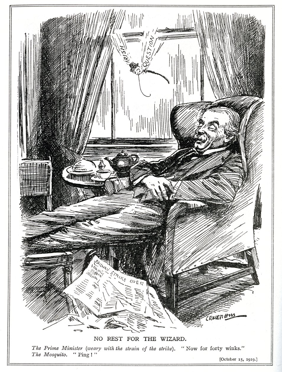 Lloyd George is Prevented from Resting by the Difficulties Caused by Industrial Unrest in Britain and Additionally the Problems of Ireland, October, 1919 by Leonard Raven Hill