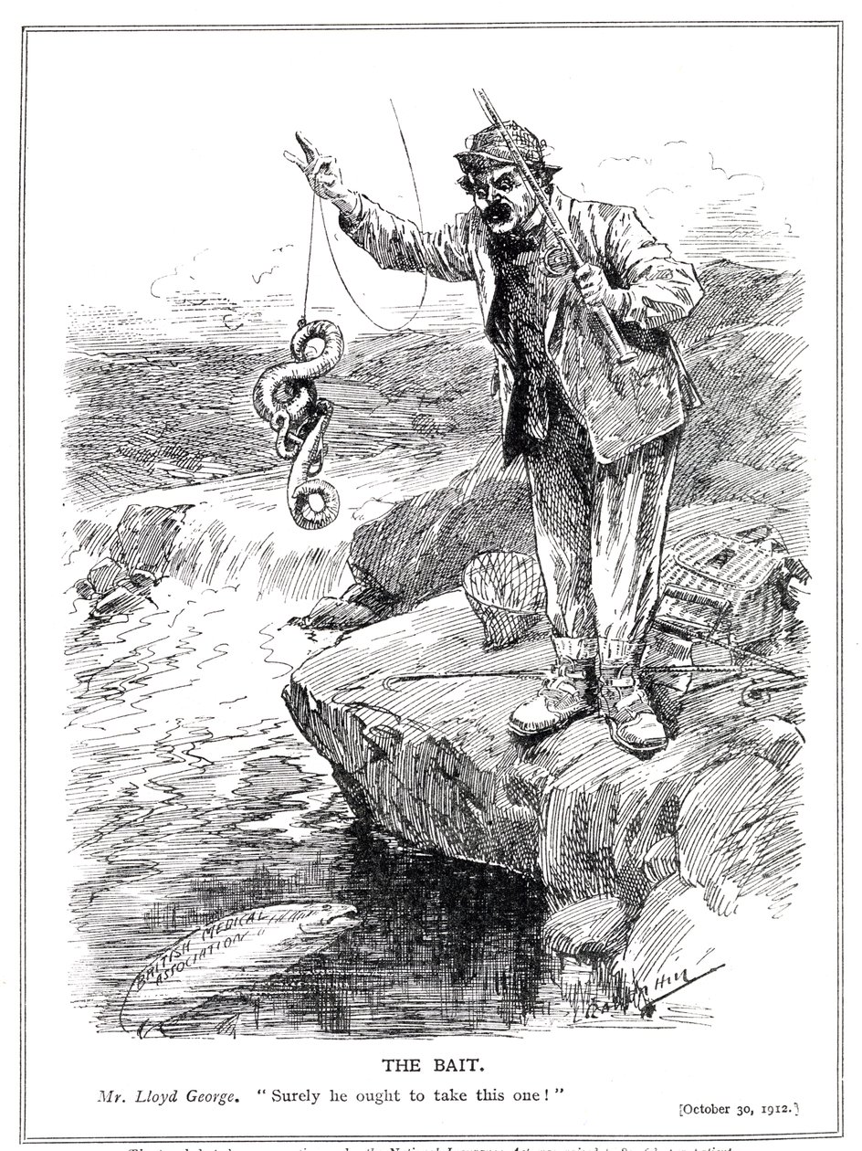 Lloyd George tries to win over the medical profession to approval of his National Insurance Act, 1912 by Leonard Raven Hill
