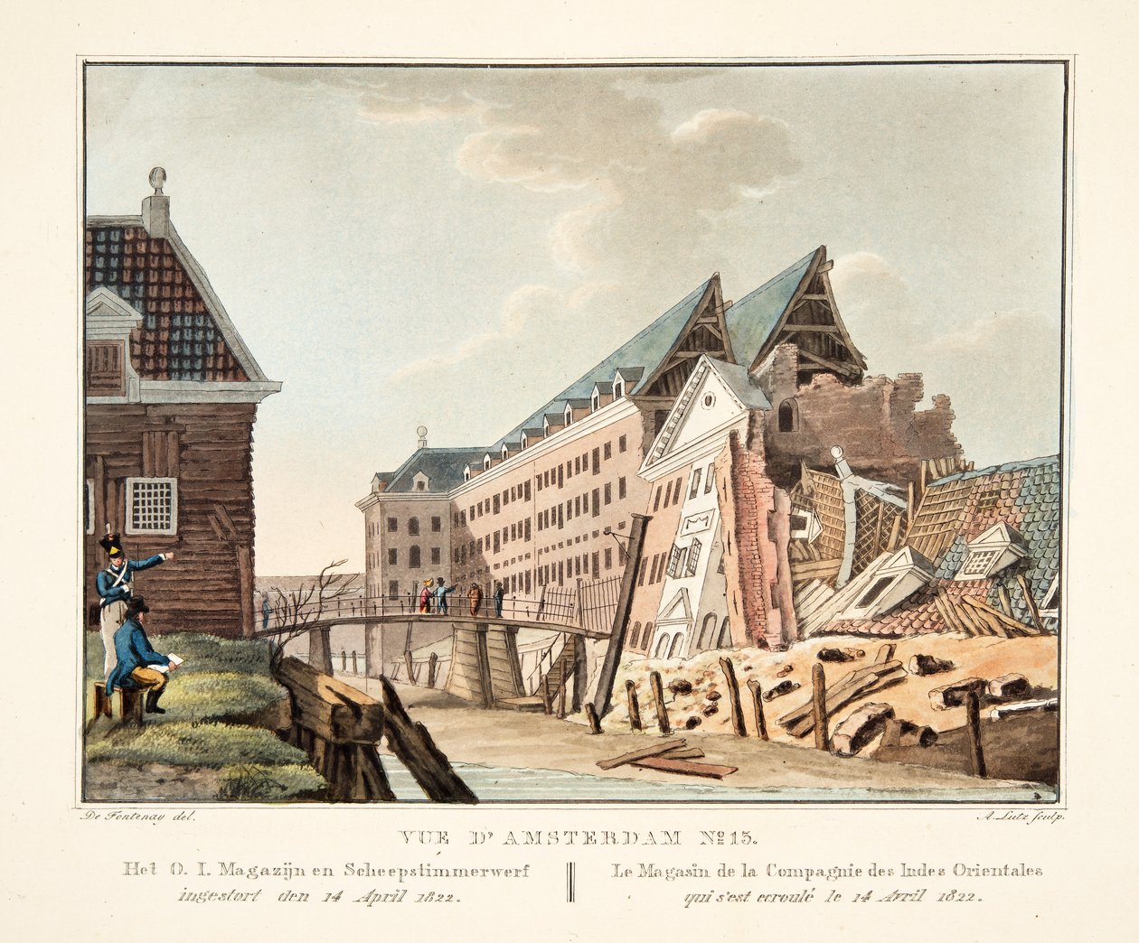 View of Amsterdam No.13. The East India Company Warehouse and Shipyard Collapsed on 14 April 1822, 1825 by Leonard Alexis Dalige de Fontenay