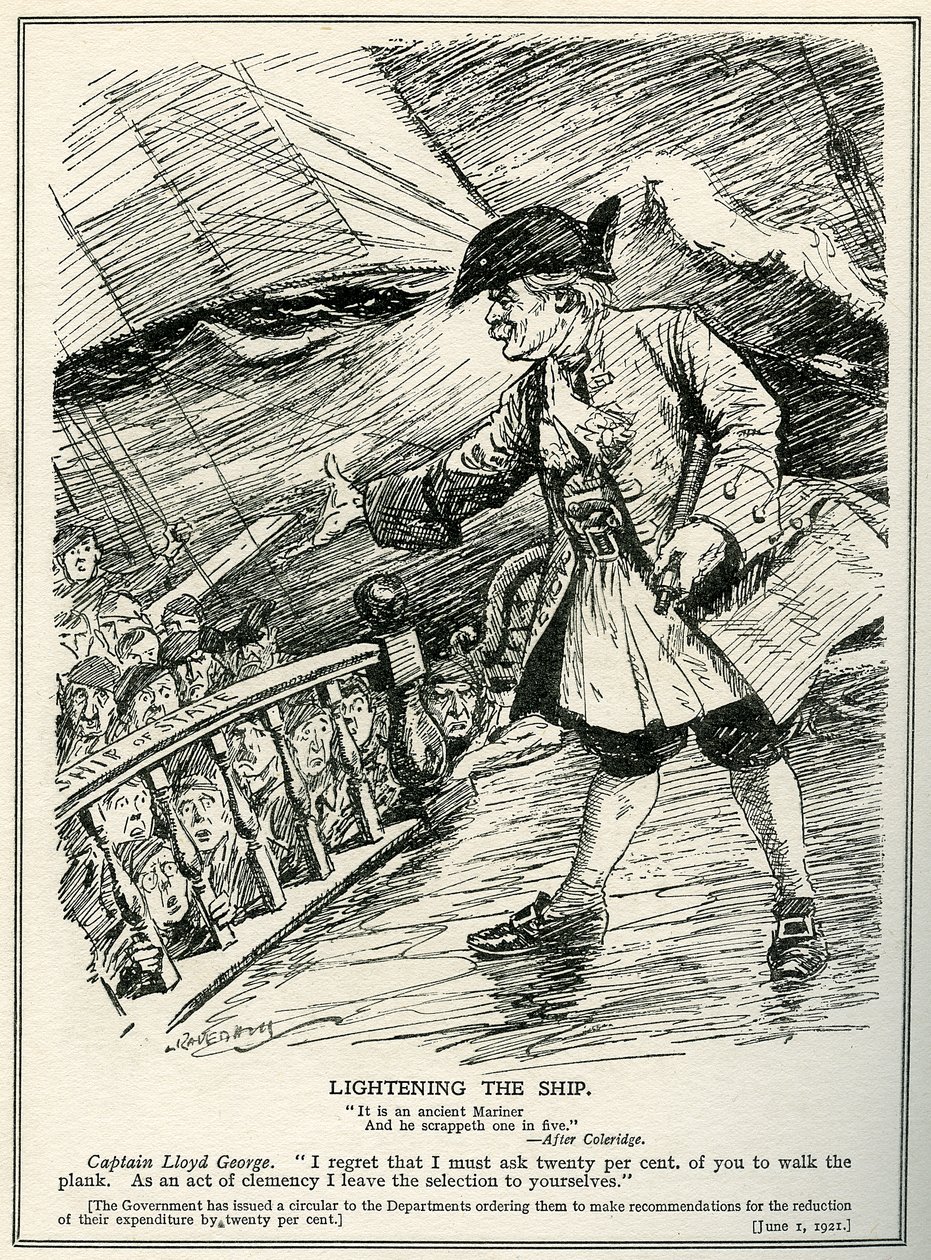 Government departments are instructed by Lloyd George to make cuts in expenditure of twenty per cent, 1921 by Leonard Raven Hill
