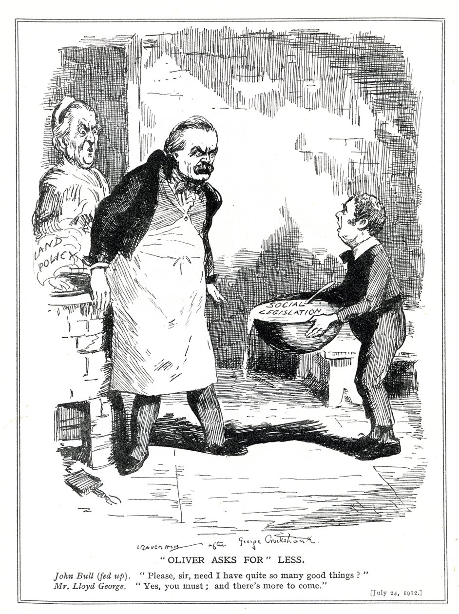 John Bull complains to Lloyd George that there is too much reform in his social legislation and land policy reforms, 1912 by Leonard Raven Hill