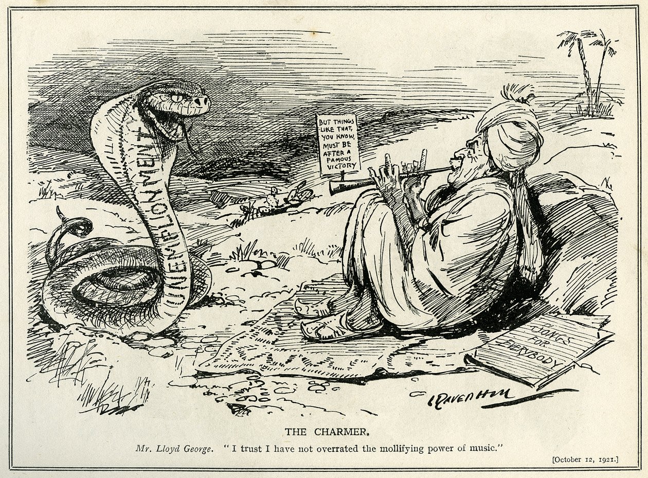 Lloyd George charming the Serpent of Unemployment, 1921 by Leonard Raven Hill