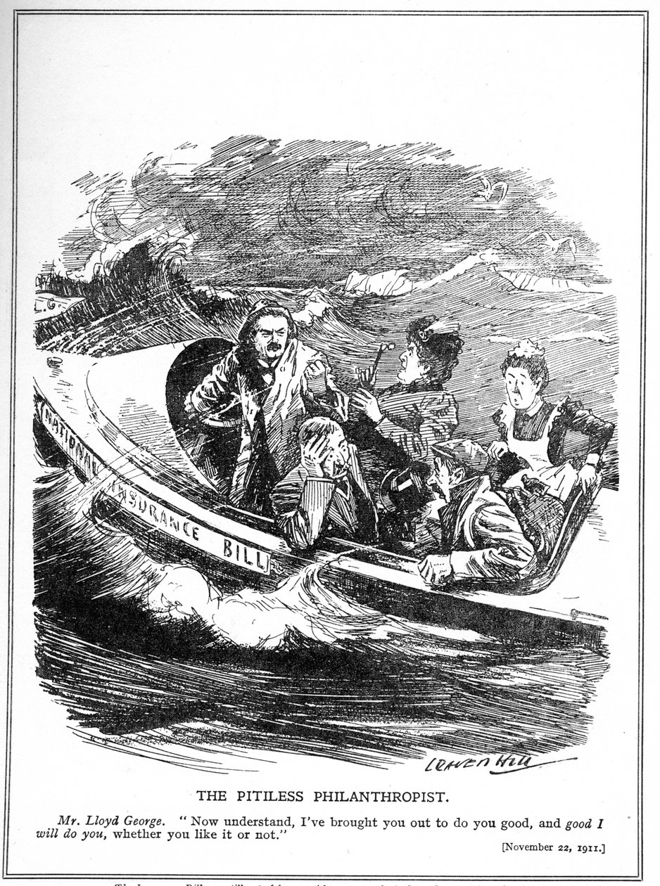 Lloyd George, depicted as a lifeboat sailor, faces opposition to his National Insurance Act by Leonard Raven Hill