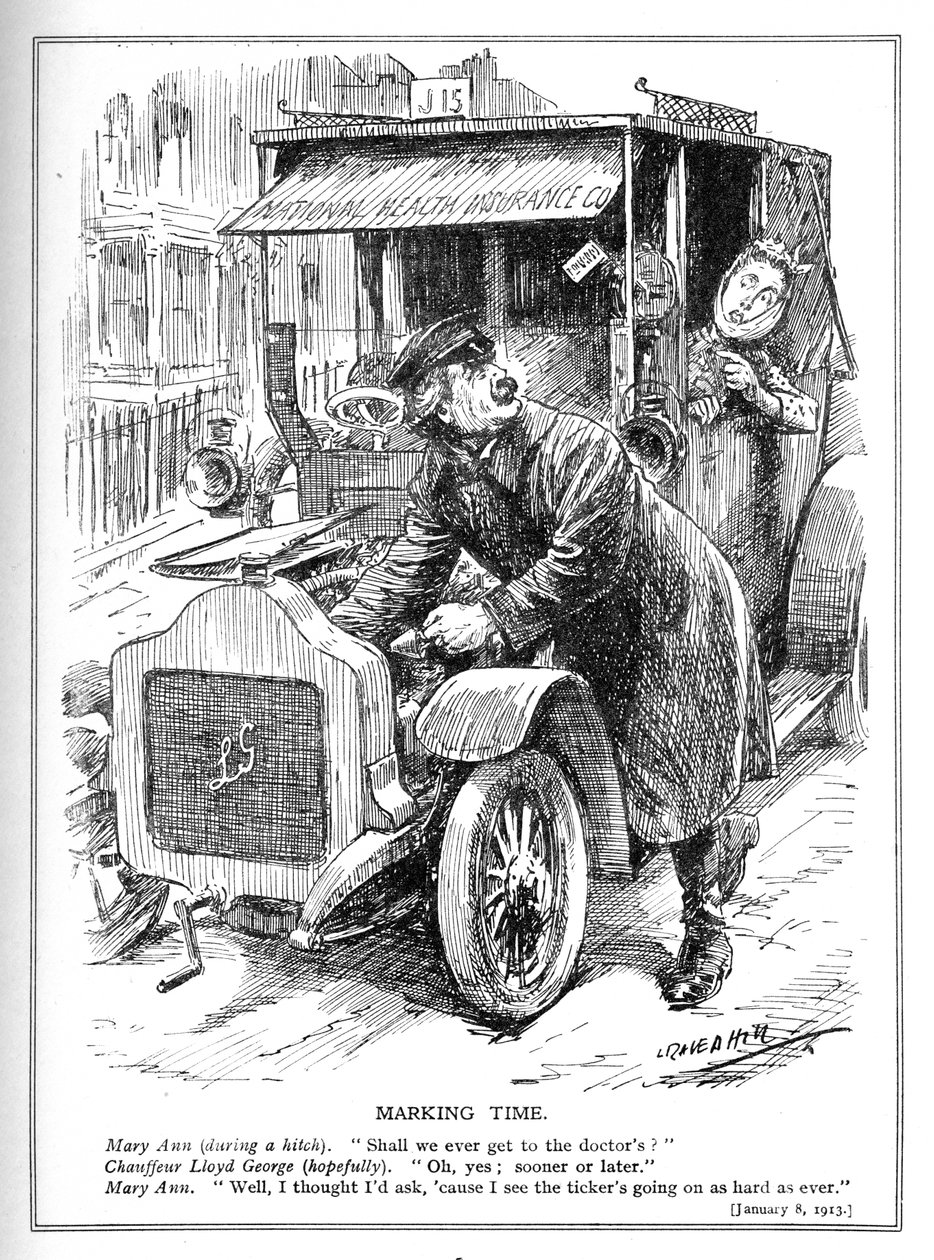 Lloyd George is delayed taking a patient to the doctor under his National Health Insurance Act by Leonard Raven Hill