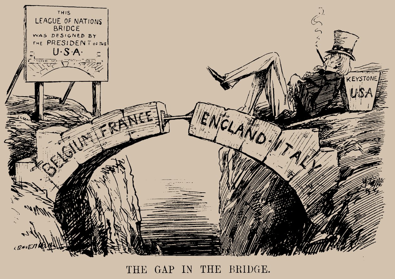 The Gap in the Bridge. Cartoon on the Absence of the USA in the League of Nations by Leonard Raven Hill