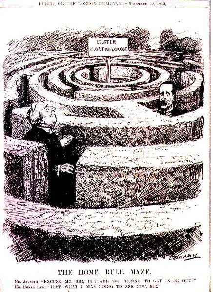 The Home Rule Maze. Mr Asquith: "Excuse me, Sir, but are you trying to get in or out?" Mr. Bonar Law: "Just what I was going to ask you, Sir" from 