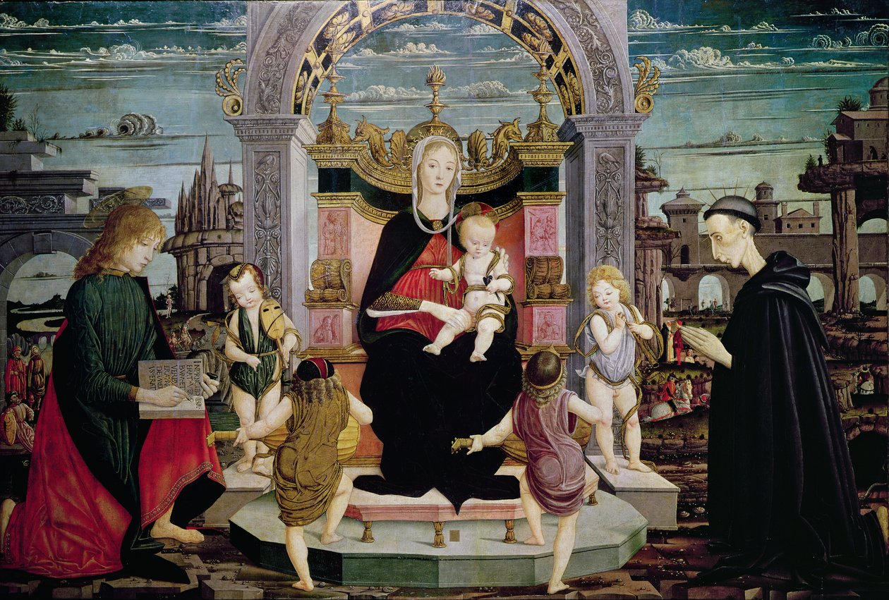 Virgin and Child Enthroned with St. John the Evangelist and the Blessed Giacomo Bertoni by Leonardo I Scaletti