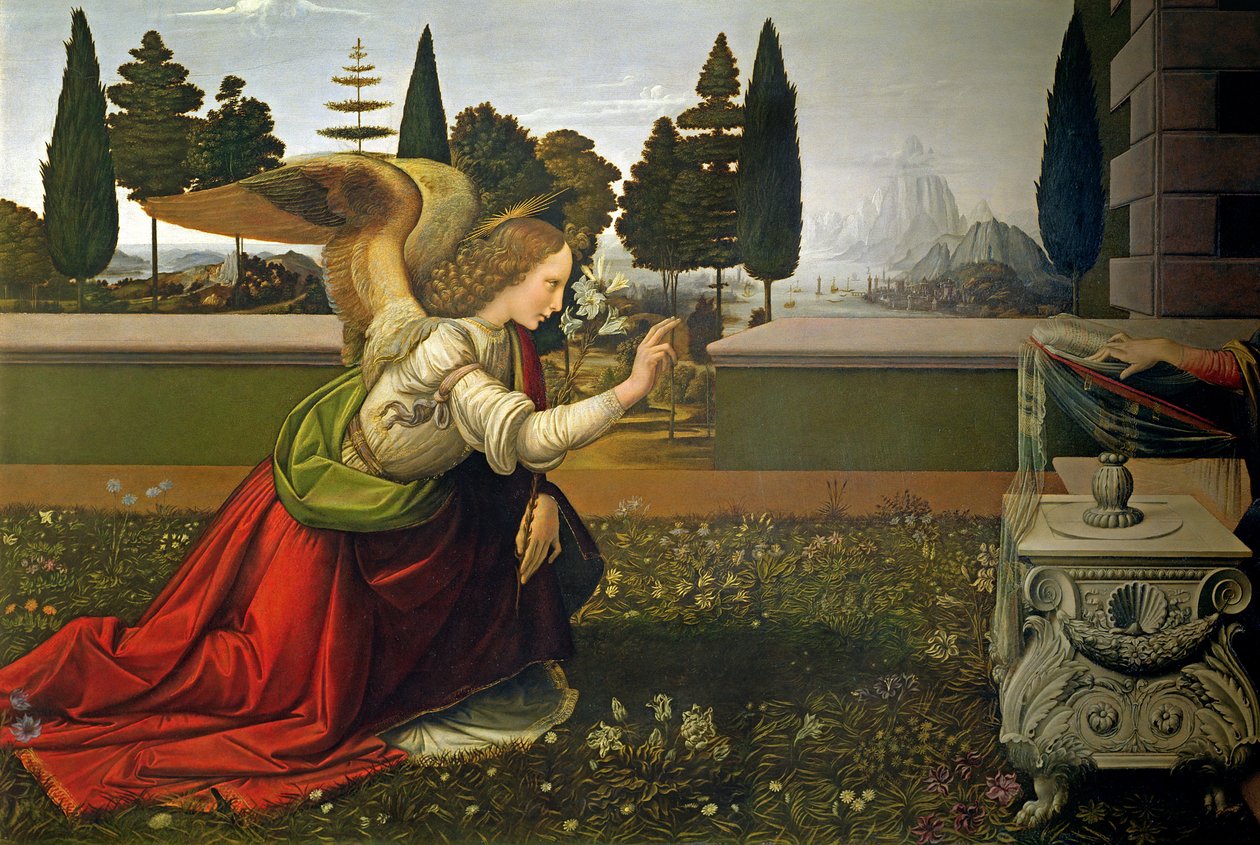 Angel Gabriel, from the Annunciation, 1472-75 (detail) (post-restoration) by Leonardo da Vinci