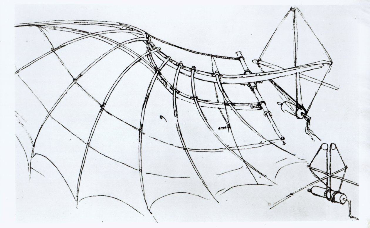 Diagram of a Mechanical Wing, Manuscript B, 1488-89 by Leonardo da Vinci