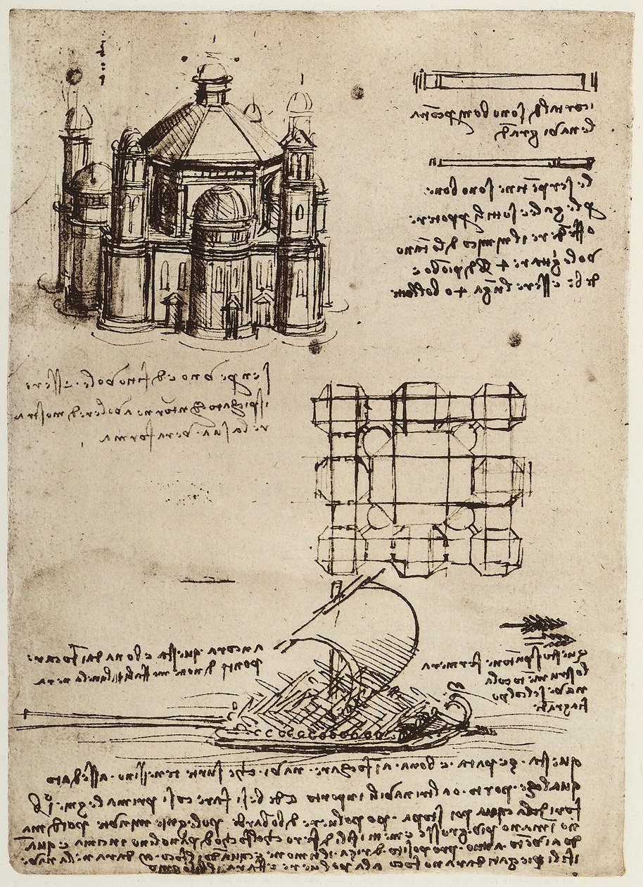 Project for a Church Built on a Central Axis and a Boat with Oars and Sails by Leonardo da Vinci