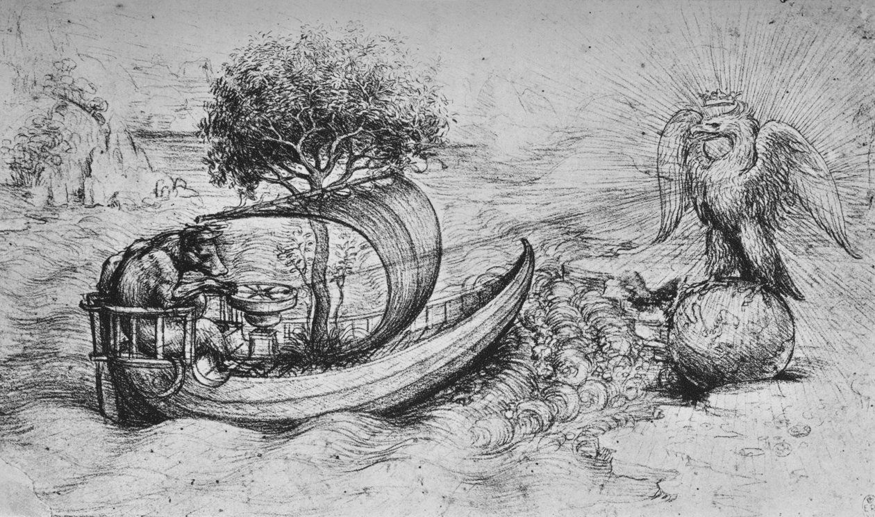 Allegory: A Crowned Eagle Standing on a Globe and a Wolf Steering a Boat, c1480 1945 by Leonardo da Vinci