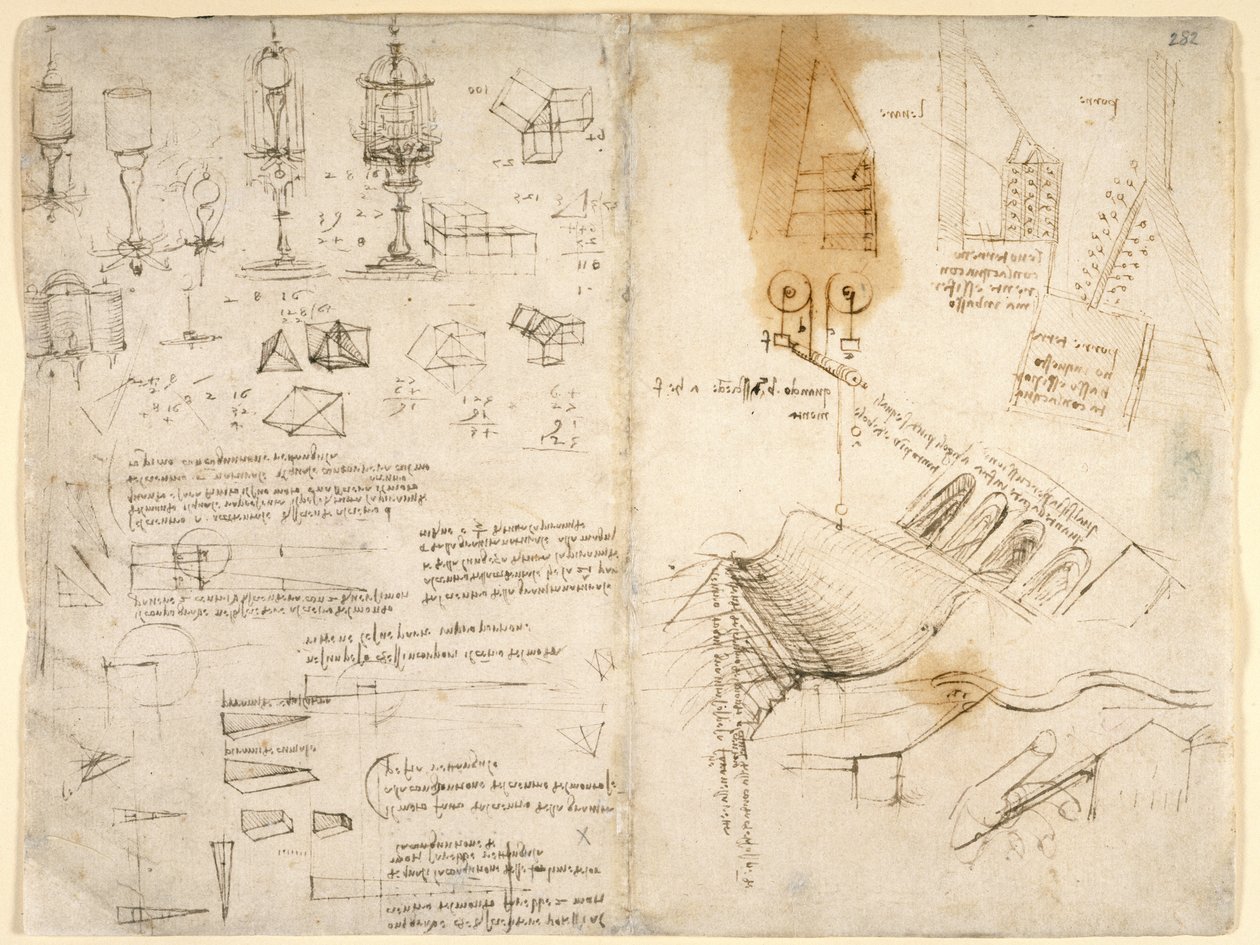 Sketches of hinged lamps; notes on mechanics; mathematical calculations; geometrical sketches by Leonardo da Vinci