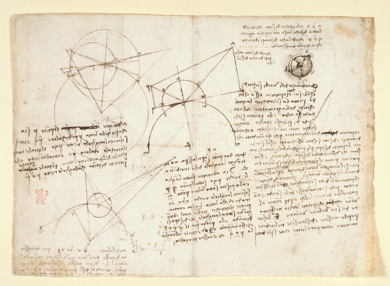 The Verso Side of a Single Large Leaf, Formerly Bound Along the Right-Hand Edge and Folded into the Notebook. Notes and Diagrams on Optics, Concerning Alhazen