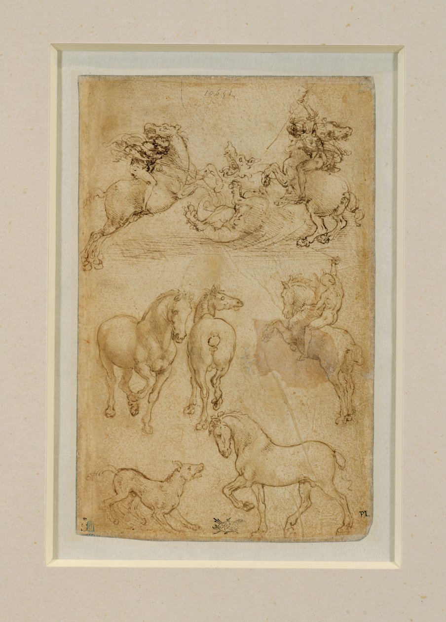 Two Horsemen Fighting a Dragon; One Horseman and Two Horses; A Dog and a Horse by Leonardo da Vinci