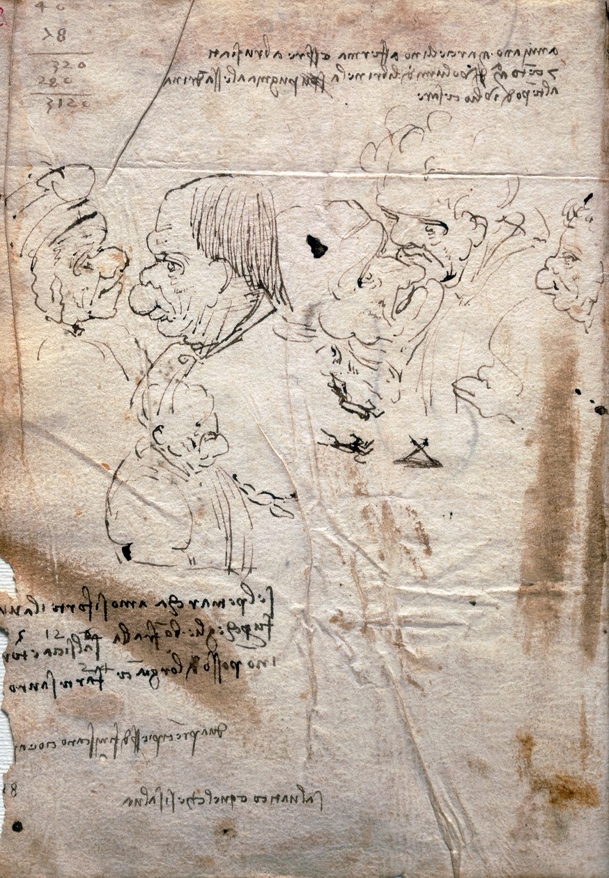 Male Caricatures and Library List, Codex Trivulzianus by Leonardo da Vinci