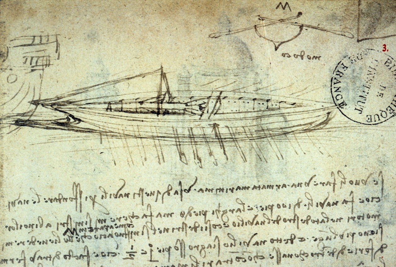 Study of boat equipped with a series of oars by Leonardo da Vinci (1452-1519). Drawing with pen and ink. Manuscript. Library of the Institut de France. Paris by Leonardo da Vinci