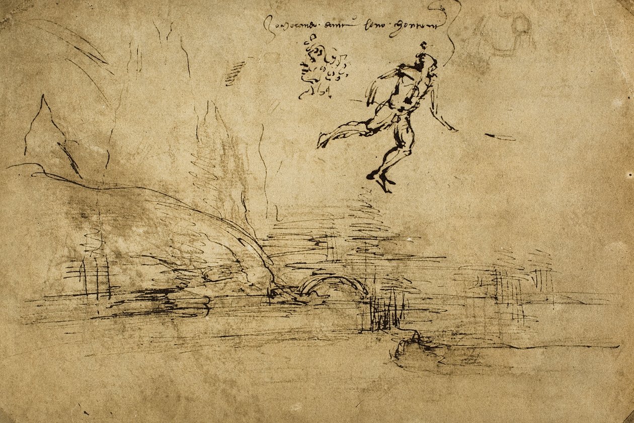 The back of a landscape drawing with the figure of a soldier by Leonardo da Vinci