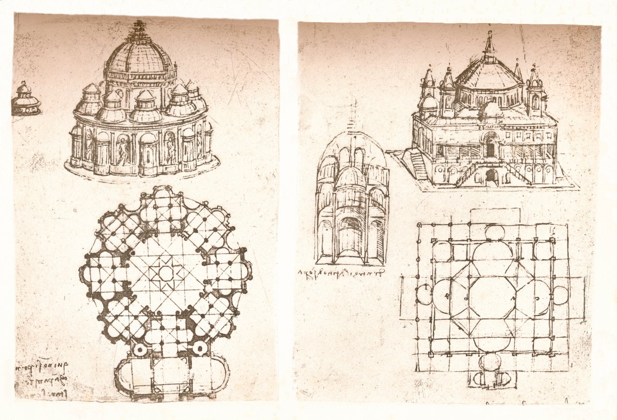 Two drawings of churches by Leonardo da Vinci