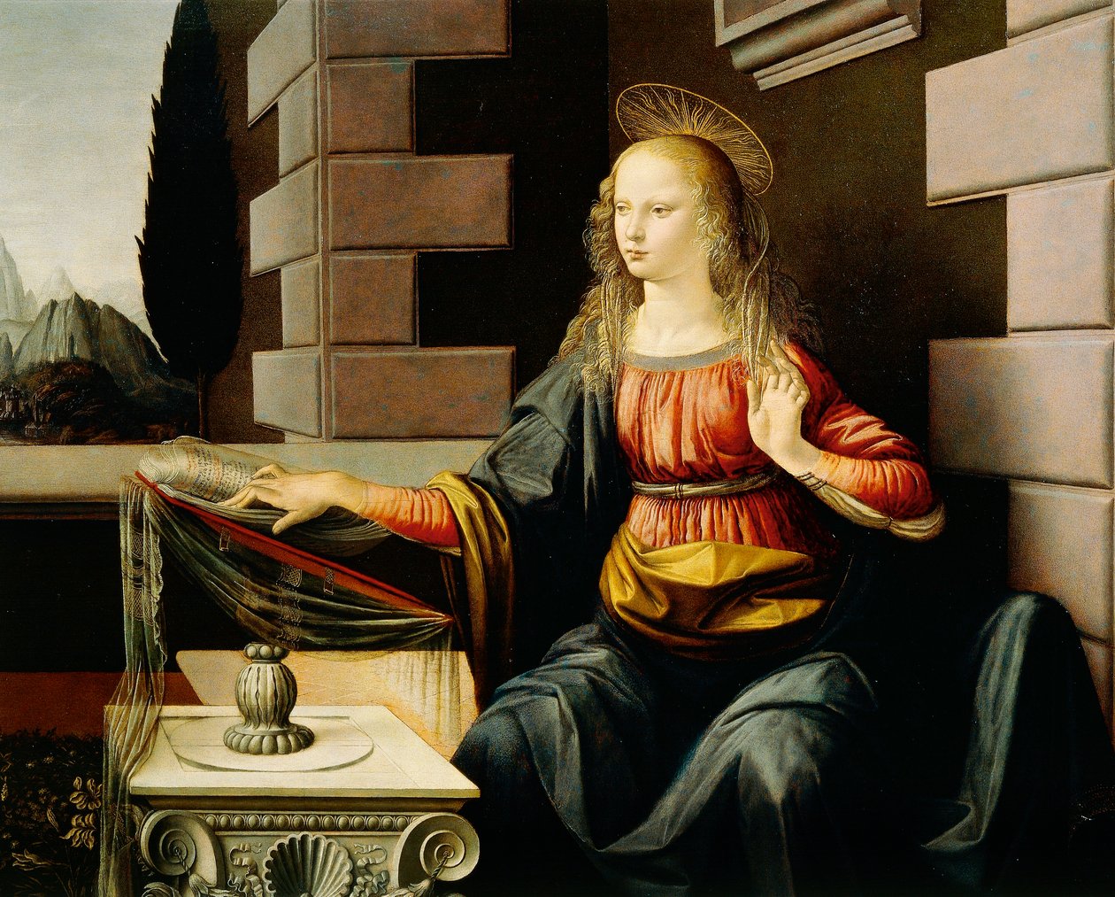 Virgin Mary (detail) from Annunciation, c.1475 by Leonardo da Vinci